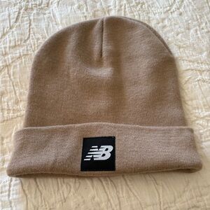New Balance Beige Folded Cuff Beanie with Logo Patch